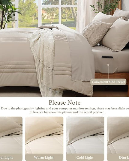 Monbix California King Size Comforter Set - 7 Pieces Bed in a Bag California King, Beige Bedding Sets with Comforter, All Seasons Down Alternative Comforter Bed Set with Sheets, Pillowcases & Shams