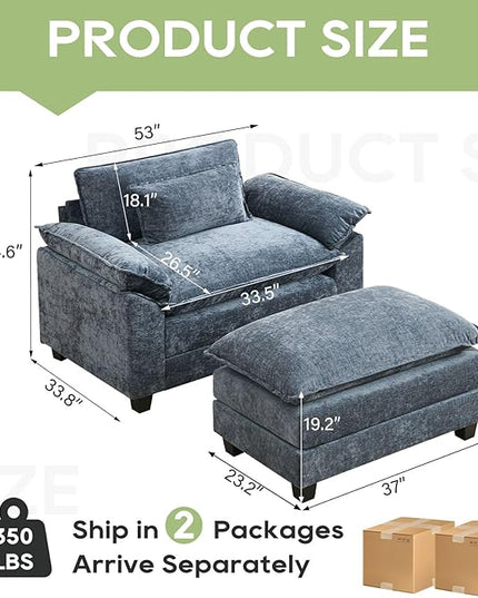 53" Modular Sectional Sofa, Comfy Cloud Couch Sectional Sofa with Ottoman, Chenille Sofa Sleeper Deep Seat Sofa with Throw Pillows for Living Room (Blue)