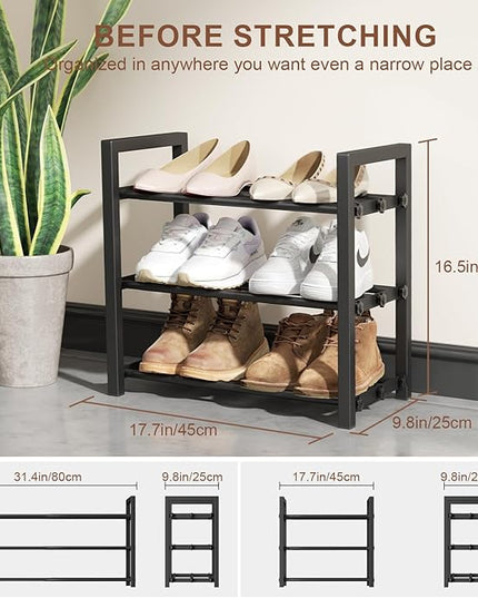 3-Tier Expandable Shoe Rack, Adjustable Shoe Shelf Storage Organizer Heavy Duty Metal Free Standing Shoe Rack for Entryway Closet Doorway (Black)