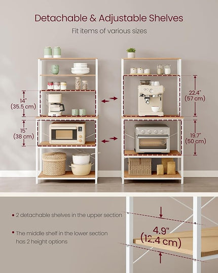 VASAGLE Coffee Bar, 31.5 Inches Baker's Rack for Kitchen with Storage, 6-Tier Kitchen Shelves with 6 Hooks, Microwave Stand, Modern, Golden Oak and Cloud White UKKS019W09