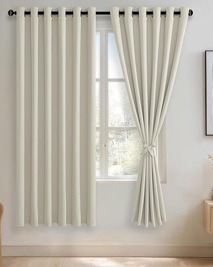 JIUZHEN Ivory Blackout Curtains with Tiebacks - Thermal Insulated, Light Blocking and Noise Reducing Grommet Curtains for Bedroom and Living Room, Set of 2 Window Curtain Panels, 70 x 72 Inch Length