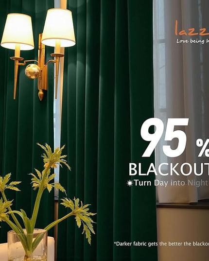 Lazzzy Blackout Velvet Green Thermal Insulated Curtains 90 Inch Long Drapes for Bedroom Window Treatments Grommet Living Room Drapes Set of 2 Panels Emerald Green