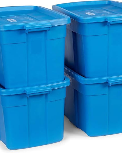 Rubbermaid Roughneck Tote 25 Gal, 4 Pack, Made in USA, Heritage Blue, Rugged Plastic Stackable Storage Bins with Lids and Handles