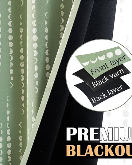 jinchan 95% Blackout Bohemian Moon Phase Print Bedroom Curtains 84 inch Long sage Green Pole Pocket Rear tab Thermal Curtains for Nursery Set 2 Panels