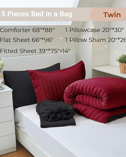 MUXHOMO 5 Pieces Twin Comforter Set, Seersucker Bed in a Bag Twin Size, All Season Luxury Bedding Set with Comforter, Flat Sheet, Fitted Sheet, Pillowcase & Sham, Red & Black