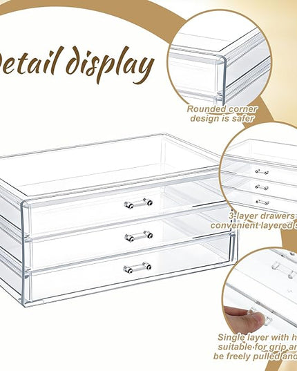 Acrylic Drawers Stackable Clear, 9.3 X 5.3 X 4 Inch Stackable Makeup Organizer Acrylic 3 Drawer Storage Organizers Clear Stationery Organizer for Dresser, Bathroom, Vanity, Countertop