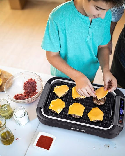 CUSIMAX Smokeless Indoor Grill, 1500W Electric Grill Korean BBQ Grill with LED Smart Display & Tempered Glass Lid, Non-stick Removable Grill Plate, Turbo Smoke Extractor, Black New Model