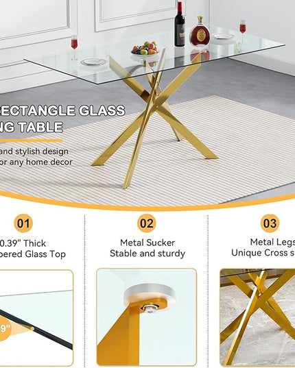 5 Piece Glass Dining Table Set, Gold Glass Kitchen Dining Room Table Set for 4, Modern 51" Rectangular Glass Metal Dining Table with 4 Grey Leather Dining Chairs for Kitchen Dining Room