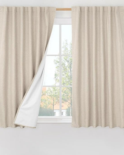 LAMIT Linen 100% Blackout Window Curtains for Bedroom, 45 Inches Linen Textured Thermal Farmhouse Curtains Back Tab and Rod Pocket Window Panels with White Liner, 2 Panels, 52 x 45 Inch, Oatmeal