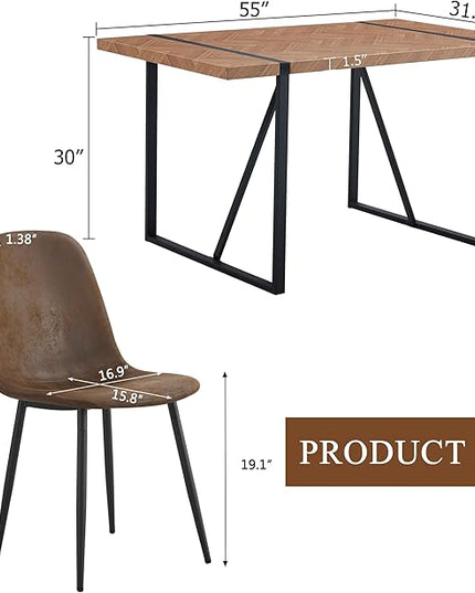 FURNITO 7 Piece Dining Table Set for 6, 55" Wooden Kitchen Table with Upholstered Chairs, Mid Century Modern Rectangular Dining Room Set, Rustic Table and Chairs Set for Kitchen or Living Room