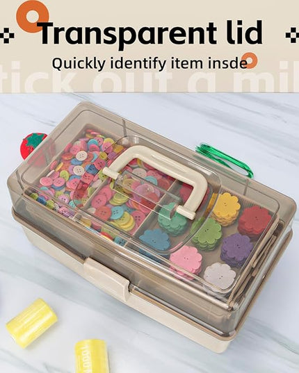 12.5in 3-Layer Multipurpose Craft Organizers and Storage with Adjustable Dividers, Portable Tackle Box, Folding Art & Craft Case for Medicine, Tool, Sewing Organizer (Brown)