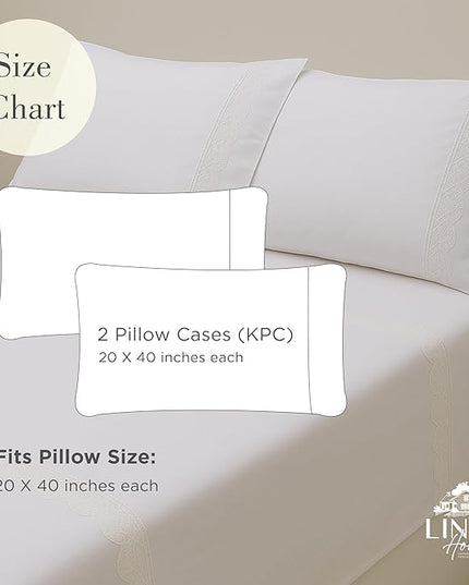 Linen Home 100% Cotton Percale Gardenia Lace Pillowcases King Size, White, 2 Pieces of Pillow Case, Crisp and Cool Strong Bed Linen, 20 inches X 40 inches