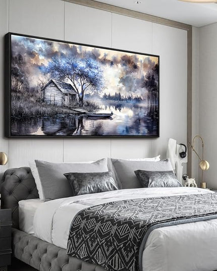 ERQINHUA Large Wall Decor For Living Room Canvas Wall Art For Office Bedroom Blue Tree Lakeside Landscape Painting Black Frame Artwork Pictures Modern Beach Posters Ready To Hang Home Decor 30"x60"