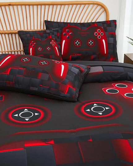 PERFEMET 6-Piece Boys Comforter Set Full Size Game Console Bedding Set for Kids Teen 3D Black and Red Gamepad Gaming Bed in a Bag Matching Sheet Set(Red, Full)