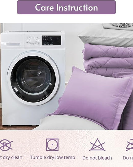 MUXHOMO 7 Pieces Queen Comforter Set, Reversible Bed in a Bag Queen Size, All Season Bedding Set with Comforter, Flat Sheet, Fitted Sheet, Pillowcases & Shams, Greyish Purple & Light Grey