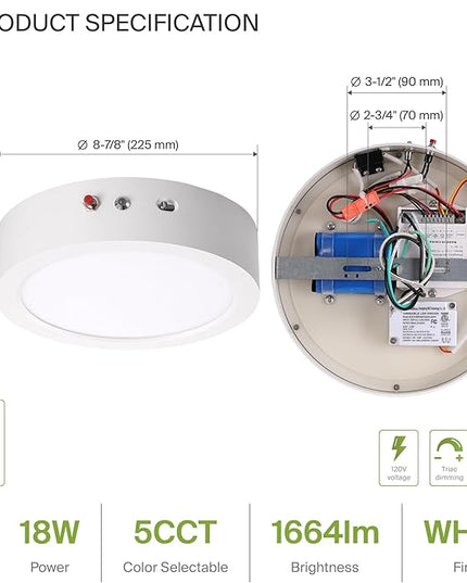 ASD LED 9" Round Flush Mount Ceiling Light Fixture, Low Profile Surface Lighting | 5CCT, Dimmable, Battery Backup, ETL Listed | 18W 1600LM 2700-6000K 120V | Kitchen, Hallway Lamp | White, 12 Pack