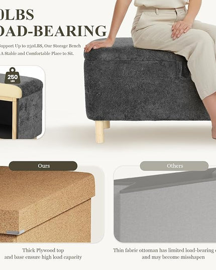 Ottoman with Storage, Storage Ottoman Bench, Entryway Bench, End of Bed Bench with Wood Legs for Bedroom, Living Room,Dark Grey