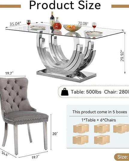 7-Piece Glass Dining Table Set with 6 Upholstered Dining Chairs, Large Dining Table and Chair Set for 6, Modern Glass Kitchen Table Furniture for Dining Room, U Shape and Stainless Steel Pesestal