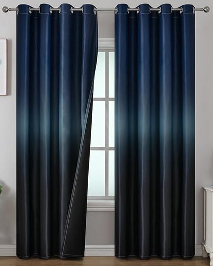 Estelar Textiler Black and Navy Blue Ombre Blackout Curtains 96 Inch Long, Room Darkening Thermal Insulated Drapes for Living Room, Energy Saving Grommet Window Drapes for Bedroom, 52Wx96L, 2 Panels
