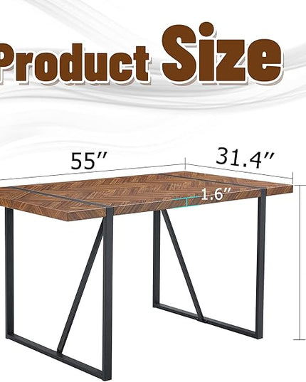 FURNITO 55" Modern Dining Table for 4–6, Rectangular Dark Wood Table with Black Metal Legs, Farmhouse Kitchen Dining Table for Home or Apartment, Durable & Easy Assembly Design