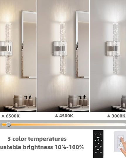 Battery Operated Crystal Wall Sconce 2-Pack Rechargeable Modern Vanity LED Light Fixtures, 3000K-6000K Dimmable Wireless Wall Lights for Bathroom Bedroom Living Room Hallway