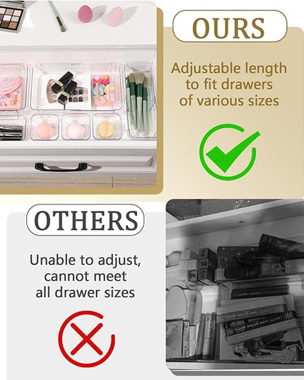 14 Pcs Adjustable Clear Drawer Organizer, Extendable Vanity Storage Bins, Desk Drawer Organizer Set for Makeup, Cosmetics, Bedroom, and Gadgets, Clear