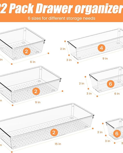 Criusia 22 Pcs Drawer Organizer Bins, Acrylic Non Slip Kitchen Drawer Organizers Storage Tray Divider, Multifunctional Storage for Cosmetics, Bathroom, Tools, Kitchen and Office