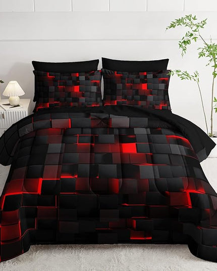Geometric Red Black Full Comforter Set,Light Honeycomb Bedding Set 7 Piece in A Bag,Bed Sheet Set Geometry Decor,Microfiber Lightweight All Season