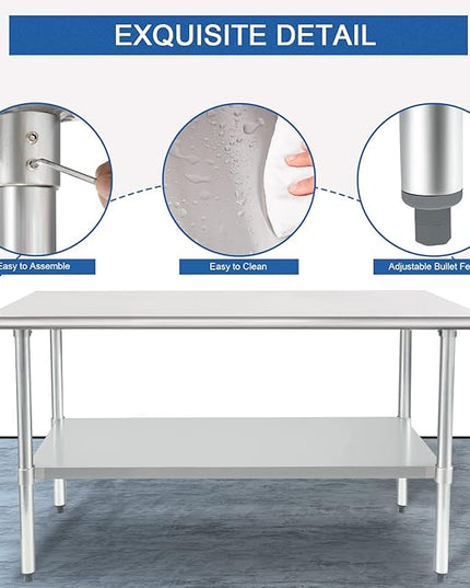 HARDURA Stainless Steel Table 24X60 Inches with Undershelf and Galvanized Legs NSF Heavy Duty Commercial Prep Work Table for Restaurant Kitchen Home and Hotel