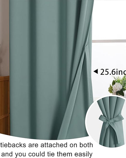 JIUZHEN Stone Blue Blackout Curtains with Tiebacks Thermal Insulated, Light Blocking and Noise Reducing Grommet Curtains for and Living Room, Set of 2 Window Curtain Panels, 42 x 72 Inch Length