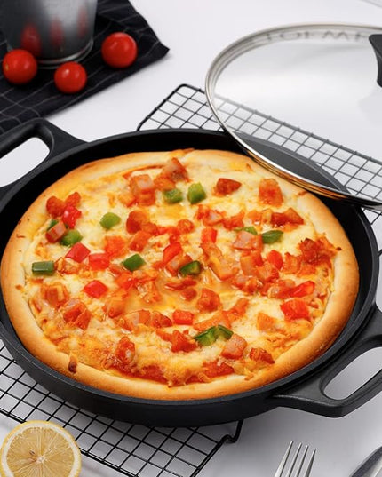 S·KITCHN Cast Aluminum Griddle Pan for Stovetop with Lid - Lighter than Cast Iron Skillet,Round Frying Pans Nonstick Grill Pan Dishwasher & Oven Safe,12IN