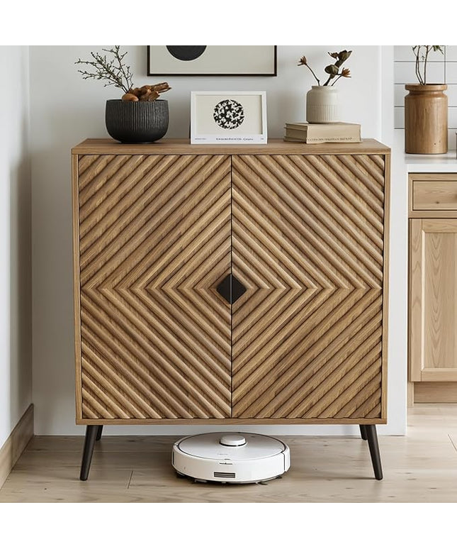 Smuxee Walnut Sideboard Cabinet with Fluted Diamond Doors, Freestanding Buffet Cabinet with Adjustable Shelf, Wood Storage Cabinet for Living Room, Entryway, Hallway
