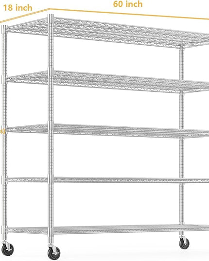 Himimi Storage Shelves with Wheels, 5-Tier Heavy Duty Steel Wire Rack Storage Shelving, Adjustable Metal Storage Shelves for Garage Kitchen Pantry Bathroom Laundry 18" D*60" W*82" H, Silver