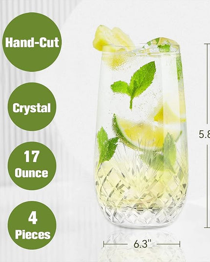 SHOSHIN Hand Cut Highball Glasses Crystal (Set of 4, 17Oz) - Elegant Water Juice Drinking Glasses, Everyday Beverage Glasses, Large Collins Glasses Perfect for Restaurant, Kitchen, Bar