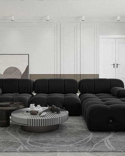 JACH 104'' Modern Sectional Sofa, L-Shaped Minimalist Velvet Floor Sofas Couches, Couch Sectional with Reversible Chaise Ottoman for Living Room Office Apartment (3 Seats,1 Ottoman, Black)