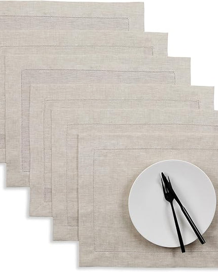Solino Home Linen Cloth Placemats Set of 6-100% Pure Linen Hemstitch Light Natural Placemats 14 x 19 Inch - Classic Hemstitch Table Place Mats for Christmas, Holiday, New Year