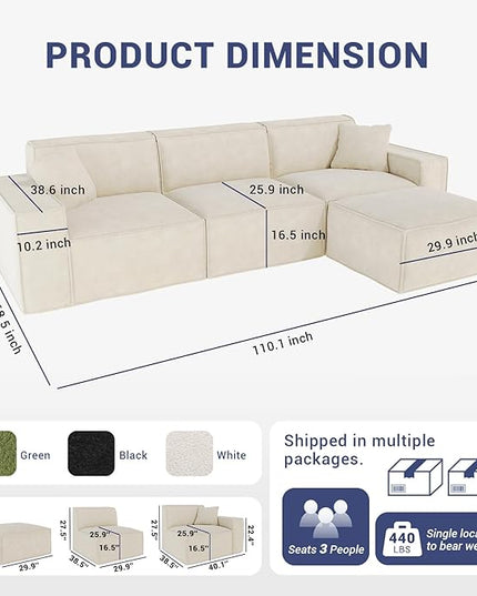 110" Cloud Couch Sectional, Comfort L Shaped Chenille Boneless Couch for Living Room, Memory Foam Deep Seat Modular Sectional Sofa Compression Floor Sofa, No Assembly Required