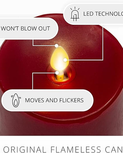 Luminara Flameless Flickering Melted Edge Set of 3 Candles, Battery Operated & Timer Function, Remote Included, Unscented Paraffin Burgundy Wax LED Light Pillar, Christmas Holiday Décor