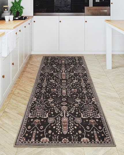 GLN Rugs Bohemian Collection - Machine Washable Area Rug, Bohemian Vintage, Non Slip, Low Pile Chenille Rug, Living Room, Bedroom, Bathroom Rug (2'6"x7' Black)