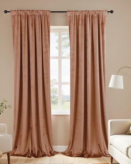Cinnamon Velvet Thermal Blackout Curtains for Winter Insulated, Boho Chic Modern Farmhouse Vintage Luxury Pleated Black Out Curtain for Bedroom Living Room, 84 Inch Long 2 Panel Set, Terracotta Brown