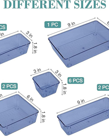16 PCS Drawer Organizer Set, 5 Varied Size Bathroom and kitchen Drawer cabinet organizer Trays, Clear Storage Bins for Makeup, Jewelry, Utensils and Gadgets,Dark Blue