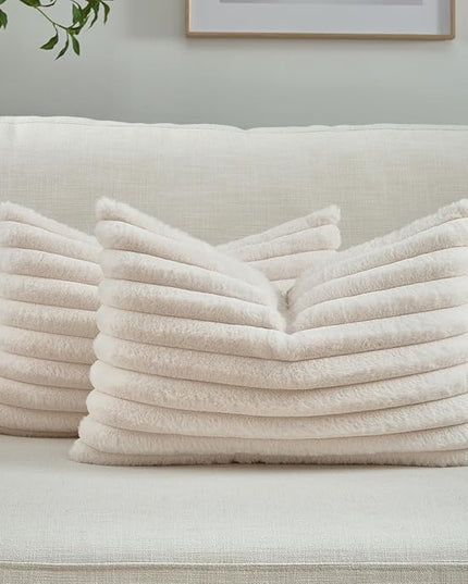 FUTEI Light Beige Throw Pillow Covers Set of 2, 12x20 Inch Striped Texture Lumbar Pillow Cases with Soft Faux Rabbit Fur Front & Velvet Back, Modern Decorative Couch Pillows for Living Room
