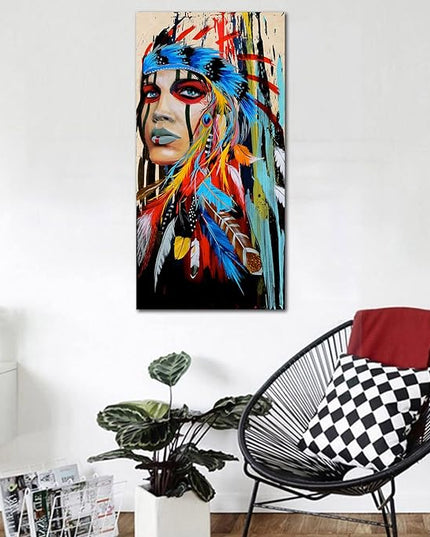 Canvas Wall Art Native American Indian Beauty Large Modern Canvas Artwork Girl with Colorful Feathers Contemporary Canvas Picture Bedroom Living Room Hallway Home Office Kitchen Wall Decor 48" x 24"