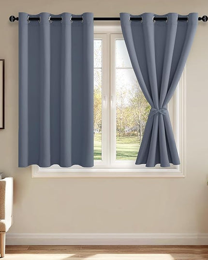 JIUZHEN Dusty Blue Blackout Curtains with Tiebacks,Thermal Insulated, Light Blocking and Noise Reducing Grommet Curtain for Bedroom and Living Room, Set of 2 Window Curtain Panels, 52 x 54 Inch Length