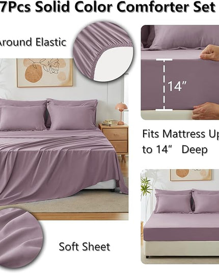CozyLux King Size Comforter Set Dusty Purple, 7 Pieces Bed in a Bag King Comforter Set with Sheets, Bedding Set with Down Alternative Comforter, Fitted Sheet, Flat Sheet, Pillow Shams and Pillowcases