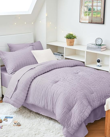 HYMOKEGE Lavender Twin XL Comforter Set Seersucker 5 Pieces, All Season Luxury Bed in a Bag for Bedroom, Bedding Set with Comforter, Sheets, Pillowcase & Sham