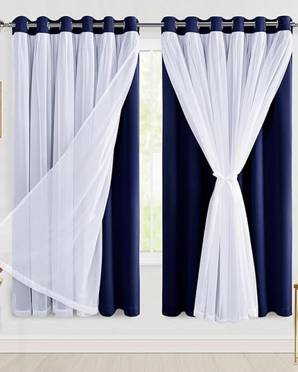 Hiasan Blackout Curtains with Sheer Overlay, Thermal Insulated Privacy Mix and Match Double Layer Window Curtains for Bedroom, Living Room, 2 Drape Panels Sewn with Tiebacks, Navy Blue, 70W X 63L