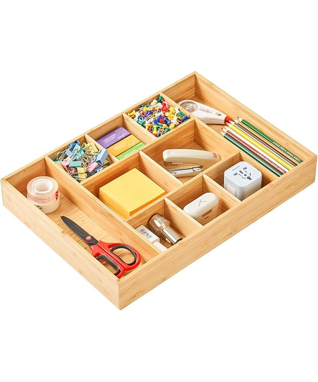 Umilife Extra Large Bamboo Desk Drawer Organizer, Wood Junk Organizer Tray with Adjustable Dividers, Anti-Skip Storage Organization in Office Bathroom Drawer for Vanity, Makeup, 17" x 12"