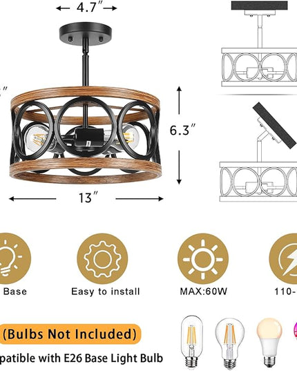 Farmhouse Semi Flush Mount Ceiling Light Fixtures, 3-Light Black Ceiling Light Rustic Light Fixtures for Hallway Entrance Kitchen Bedroom