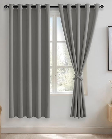 JIUZHEN Light Grey Blackout Curtains with Tiebacks Thermal Insulated, Light Blocking Noise Reducing Grommet Curtains for Bedroom and Living Room, Set of 2 Window Curtain Panels, 60 x 72 Inch Length